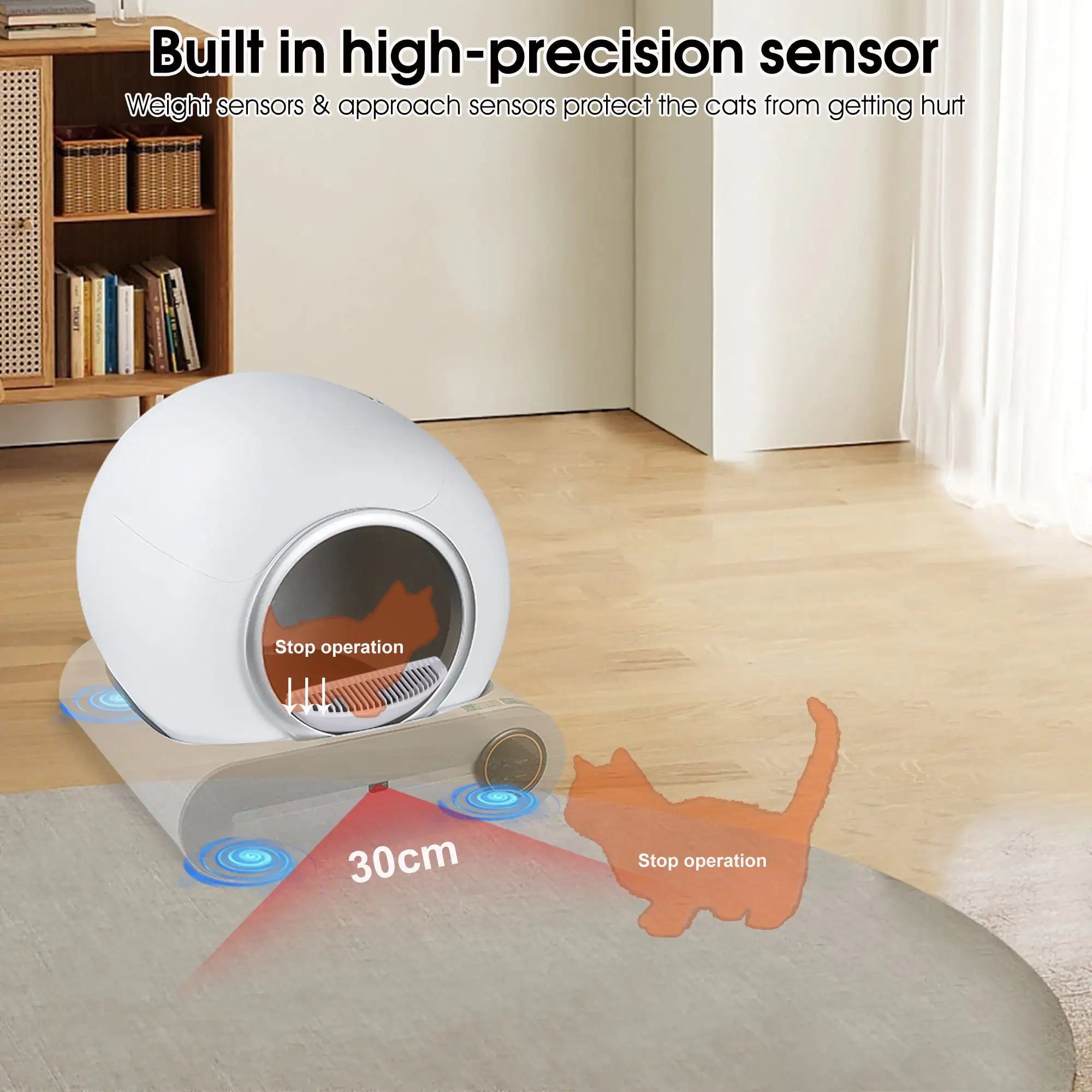 Bac à litière autonettoyant avec ramassage et désodorisation automatiques, contrôlé via une application compatible Wi-Fi