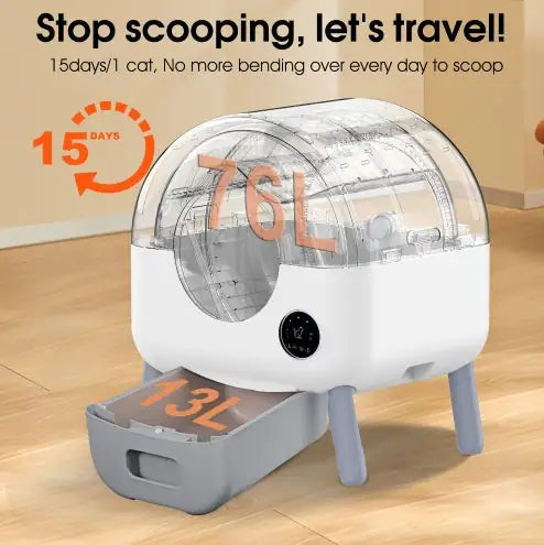 Bac à litière autonettoyant - Convient aux chats de 1 à 10 kg, capacité de 100 L, système anti pincement contrôlé par application.