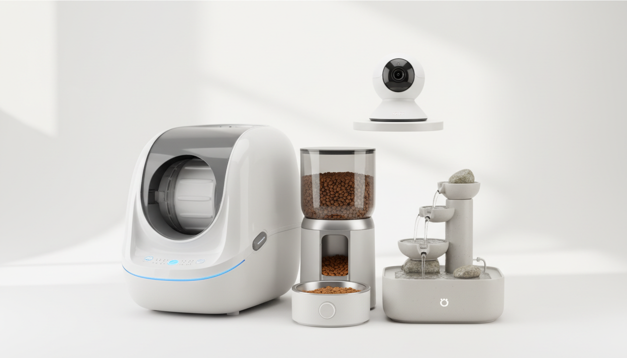 fait moi une image titre avec un bac a litière automatique un distributeur de croquette automatique et une fontaine a eau et une camera pour chat