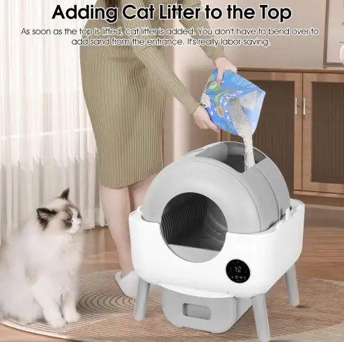 Bac à litière autonettoyant - Convient aux chats de 1 à 10 kg, capacité de 100 L, système anti pincement contrôlé par application.